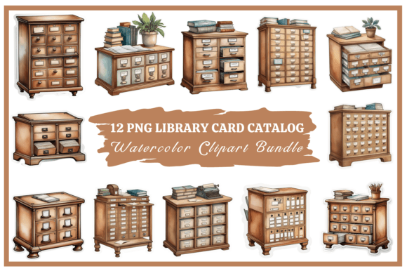 Cozy Library Card Catalog Watercolor Bundle
