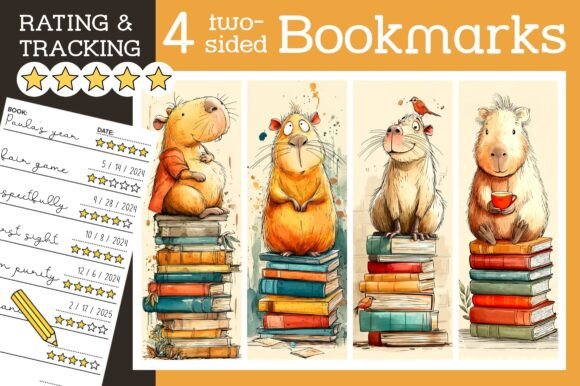 Cute Capybara Bookmarks Stack of Books