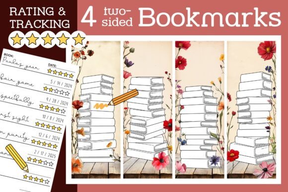 Stack of Books Bookmark Boho Flower PNG